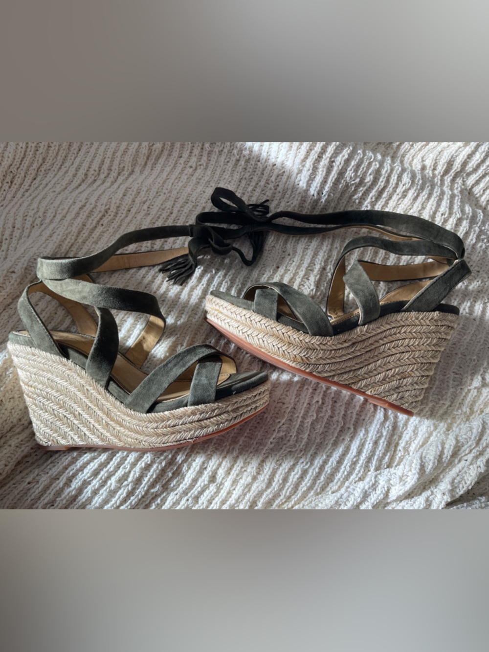 Splendid Olive Suede Espadrille Wedge Sandals with Ankle Wrap